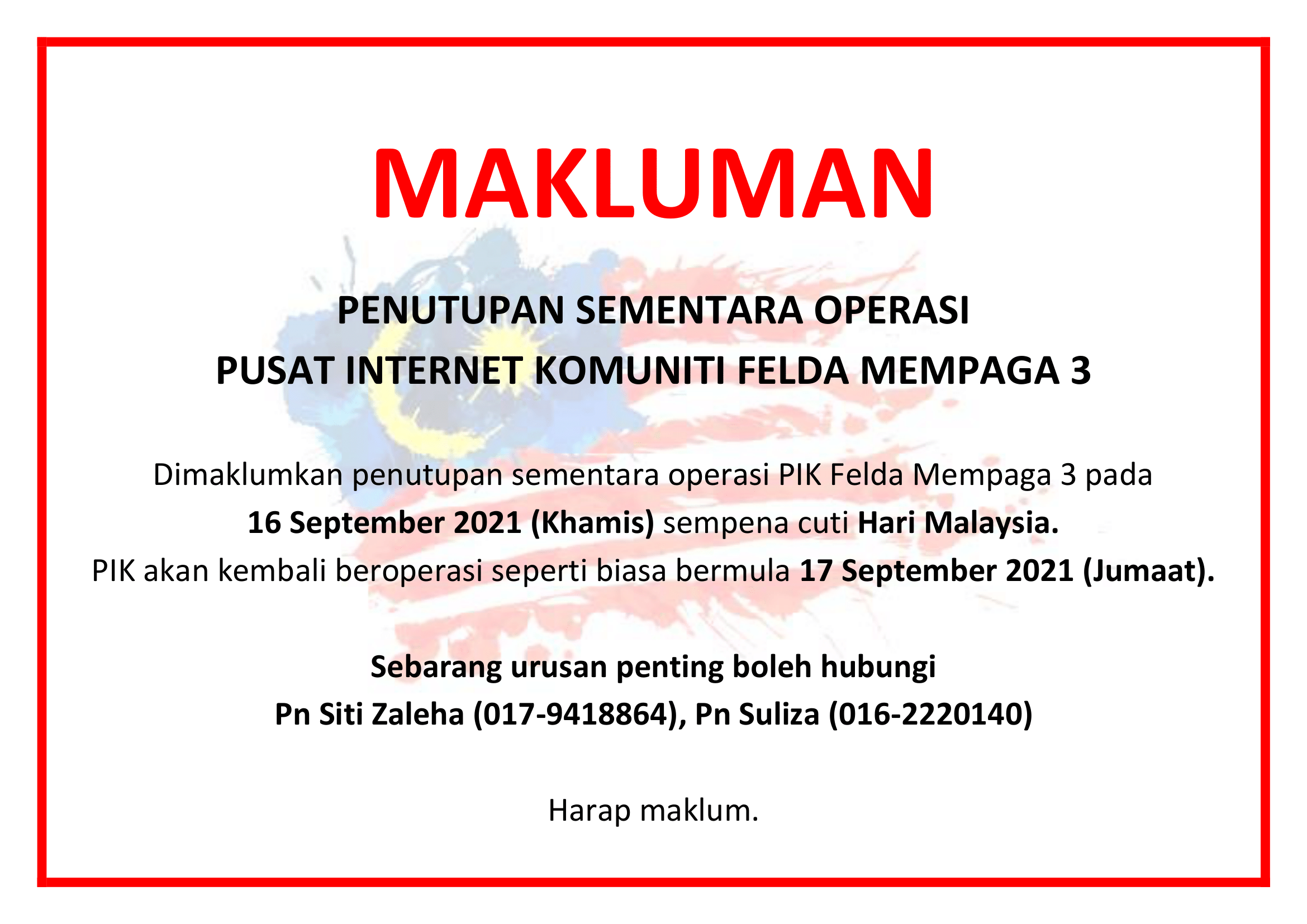 NOTIS PENUTUPAN HARI MALAYSIA 1